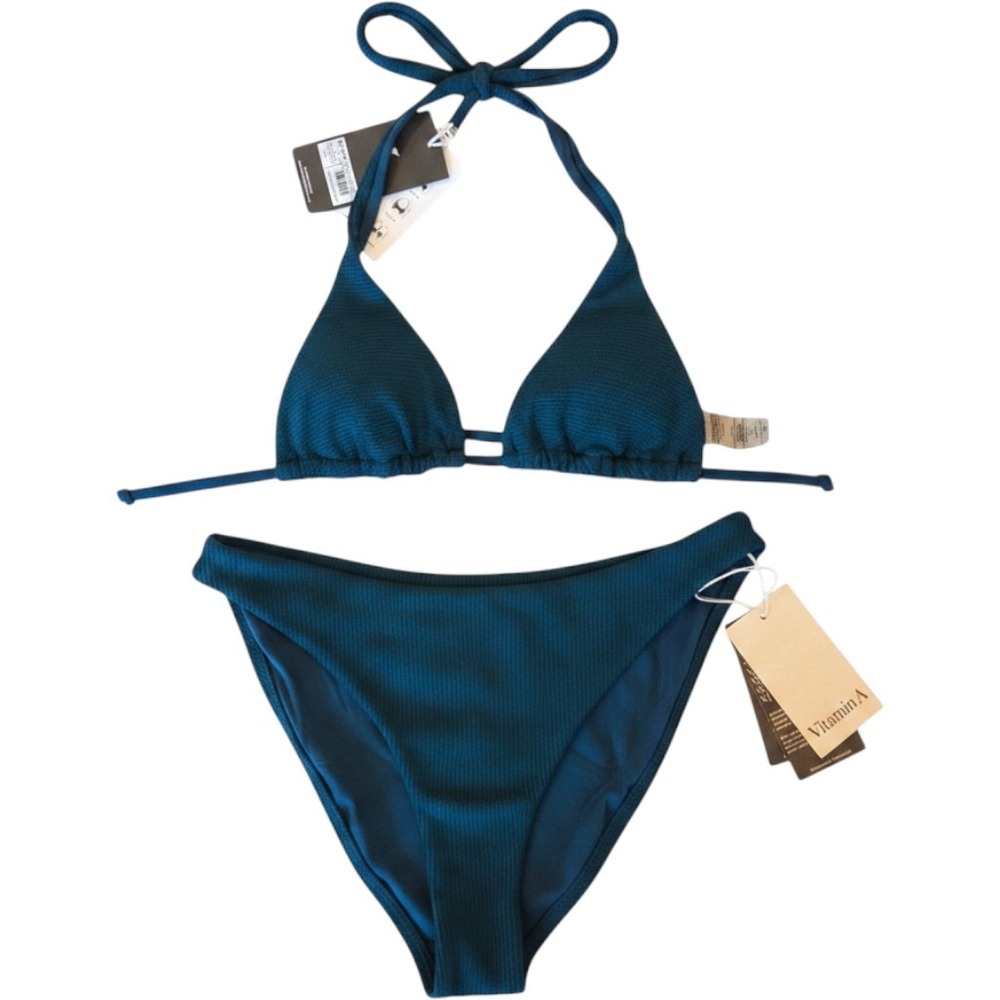 Vitamin A Bikini Set Recycled Nylon Ribbed Triangle High Leg Teal Beachy S/M